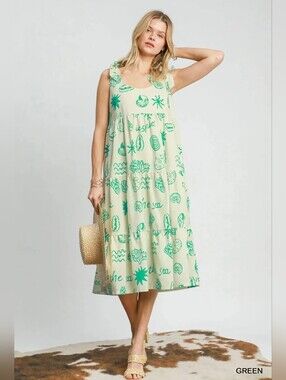 Umgee Bohemian Beach Inspired Tie Shoulder Midi Dress – Green – Large NWT